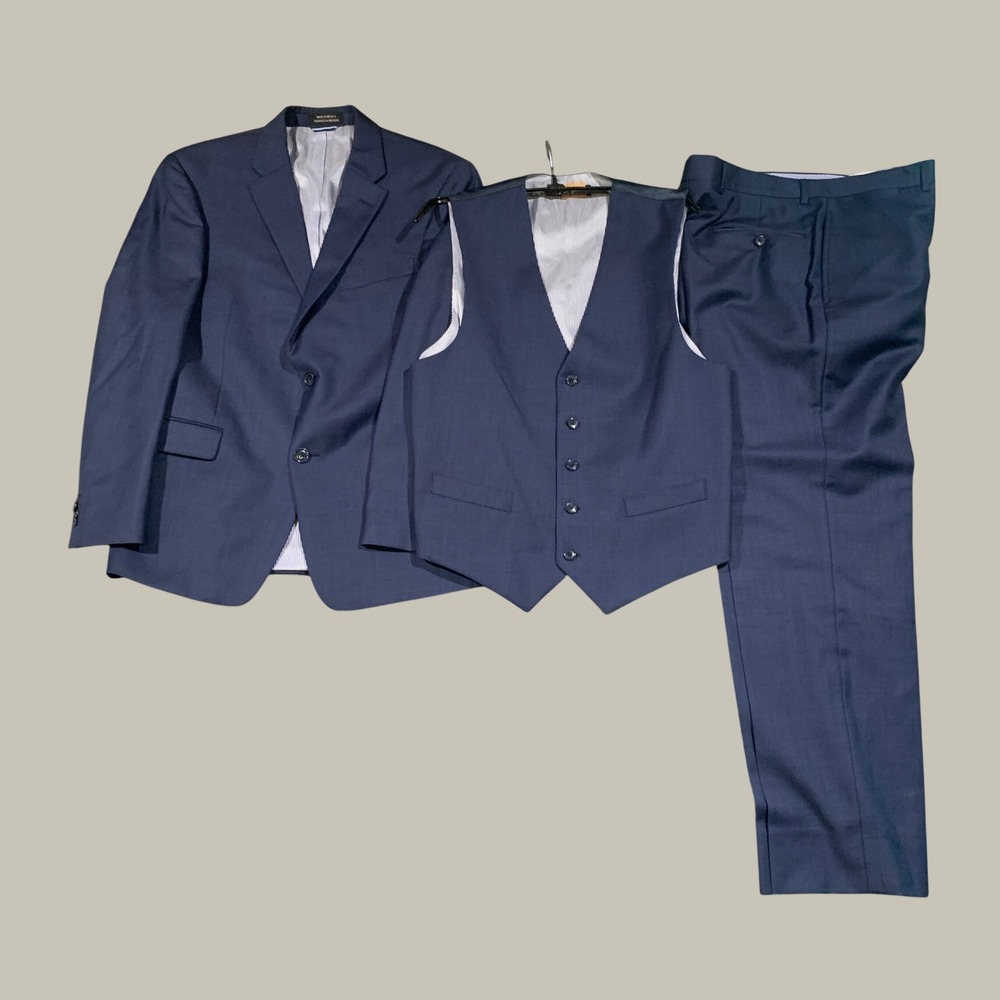 Tommy Hilfiger 3-Piece Suit Mens 40S W34 L30 Blue Worsted Wool Blazer Vest Pants
